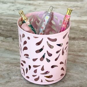 Pink Pen / Pencil Holder Cup & 4 Pens Set -Flowers, Polka Dot -Office Desk Decor